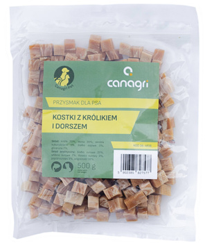 Przysmak dla psa, kostki z królikiem i dorszem, 500 g, Canagri