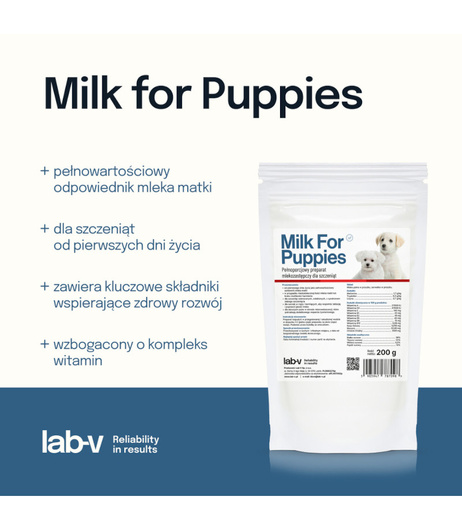 Pełnoporcjowy preparat mlekozastępczy LAB-V Milk for puppies, mleko dla szczeniąt 200g