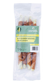 Przysmak dla psa,  patyk ze skóry wołowej z kurczakiem, 28 cm, 320 g, Canagri