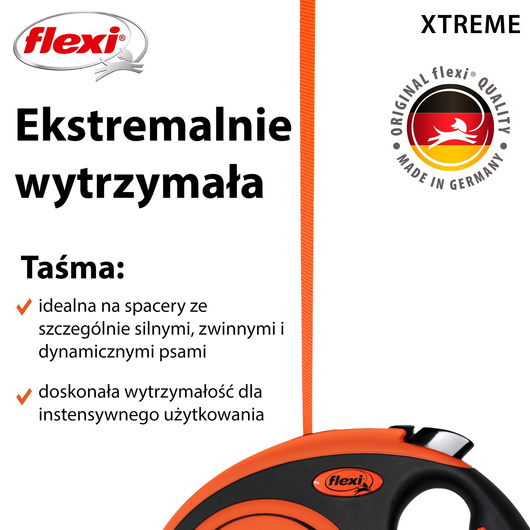 Smycz dla psa Flexi Xtreme, taśma, pomarańczowa, różne rozmiary, różne długości
