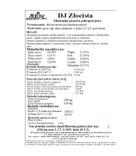 Pasza dla kur niosek w okresie nieśności Złotów DJ Złocista S M - 25 kg