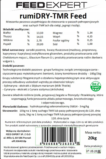 Mieszanka paszowa FeedExpert rumiDRY-TMR Feed dla cieląt, jagniat – 20 kg