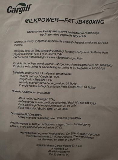 Sypki tłuszcz chroniony dla krów Cargill Milk Power Fat 25 kg