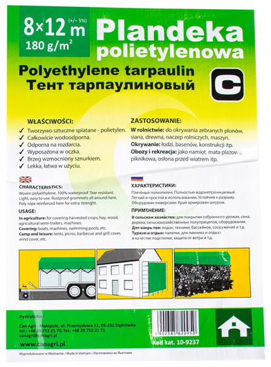 Plandeka 8x12 m, 180 g, zielona, PE, Can Agri