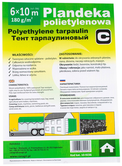 Plandeka 6x10 m, 180 g, zielona, PE, Can Agri
