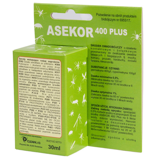 Środek owadobójczy na owady biegające i latające ASEKOR 400 Plus, koncentrat, 30 ml